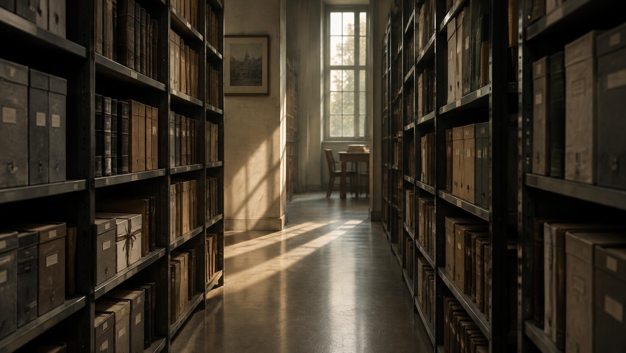 Quiet archive corridor with warm ambient light