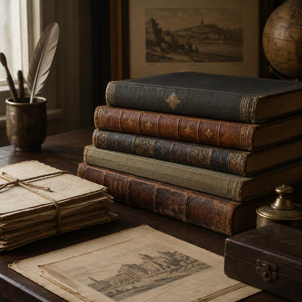 Stack of old books and archival documents on a wooden table