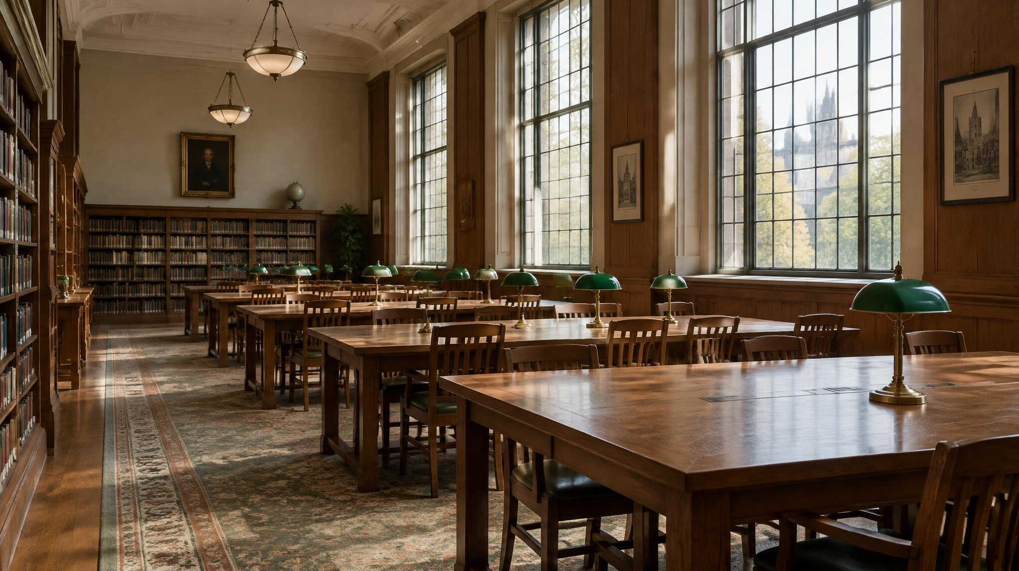 Empty reading room with long wooden tables and lamps