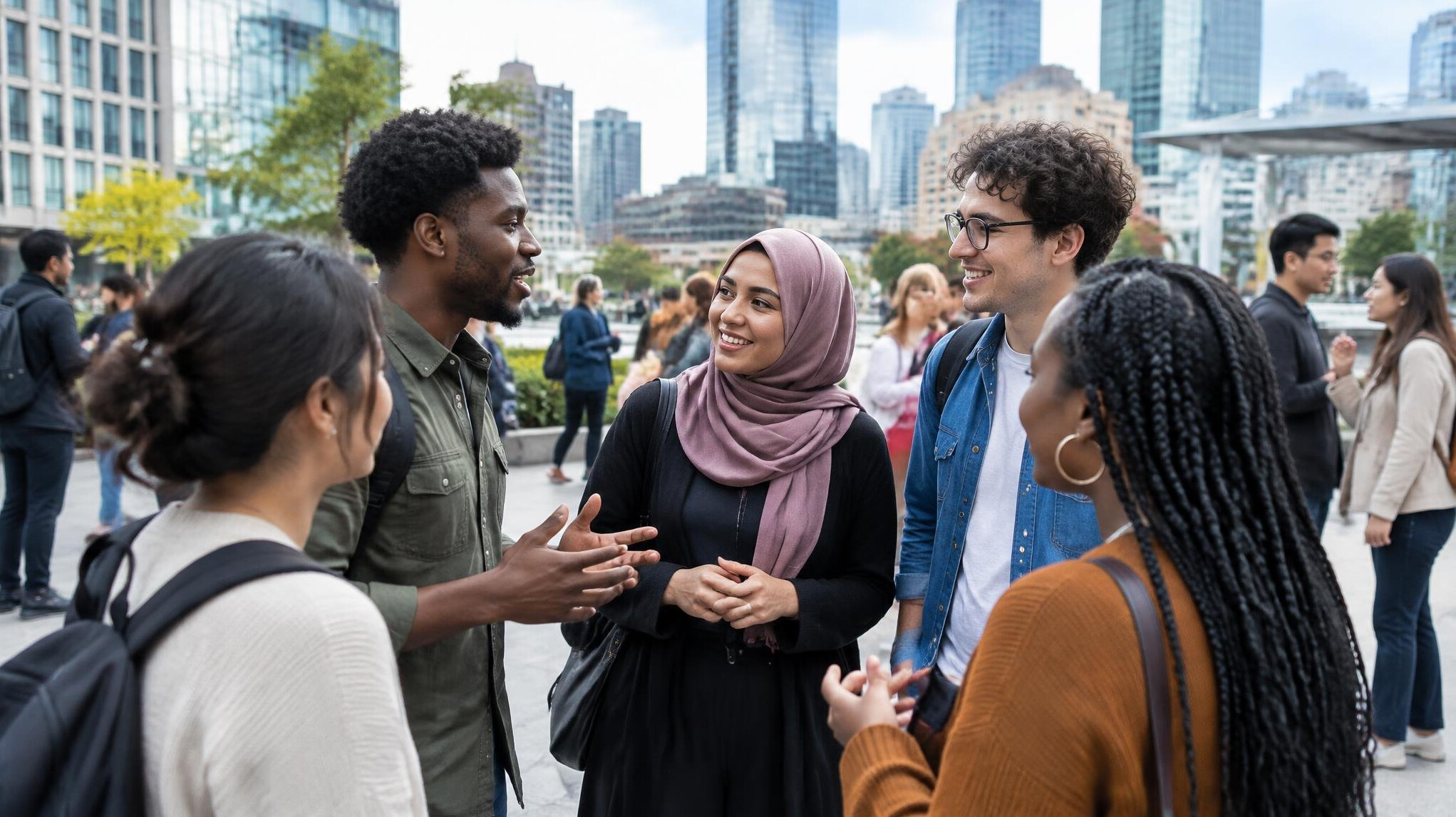 diverse group of people talking