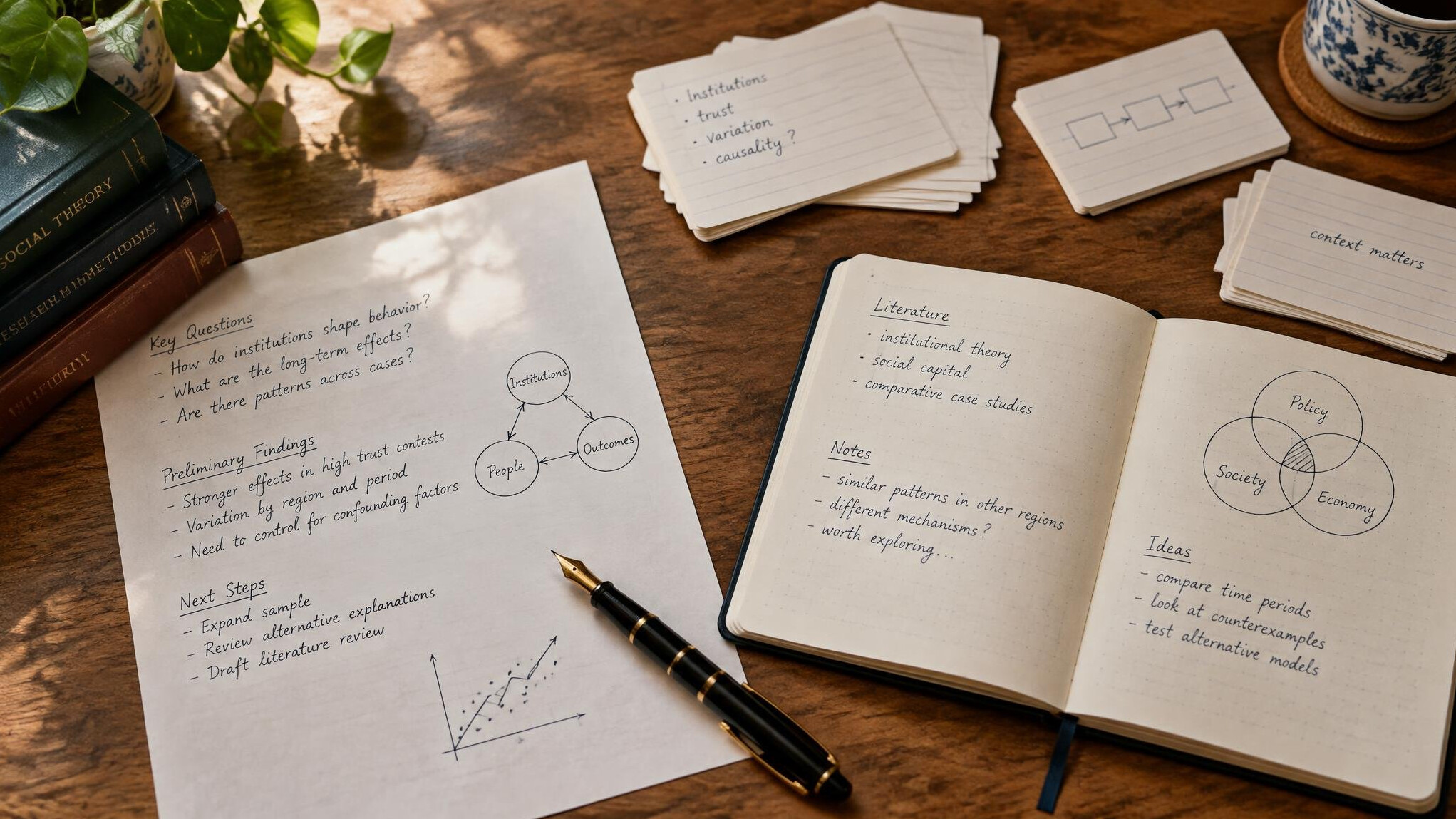 Handwritten research notes and an open notebook on a wooden desk