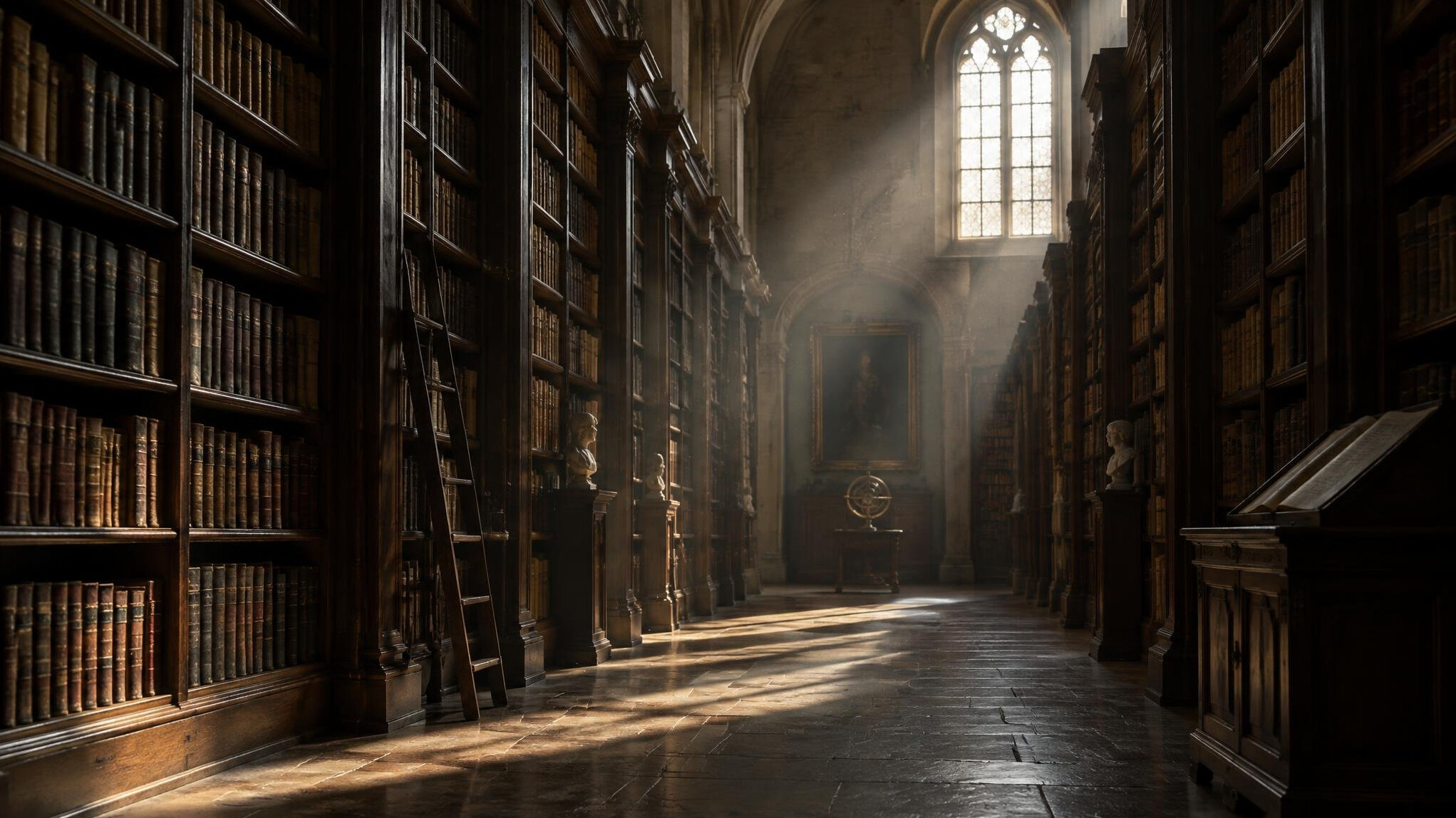 Dramatically lit aisle of an old library with tall bookshelves